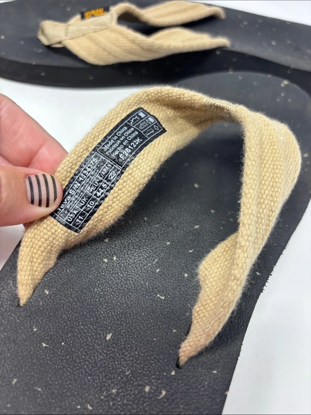 Teva | Black Footbed Flip Flops with Tan Fabric Straps 11